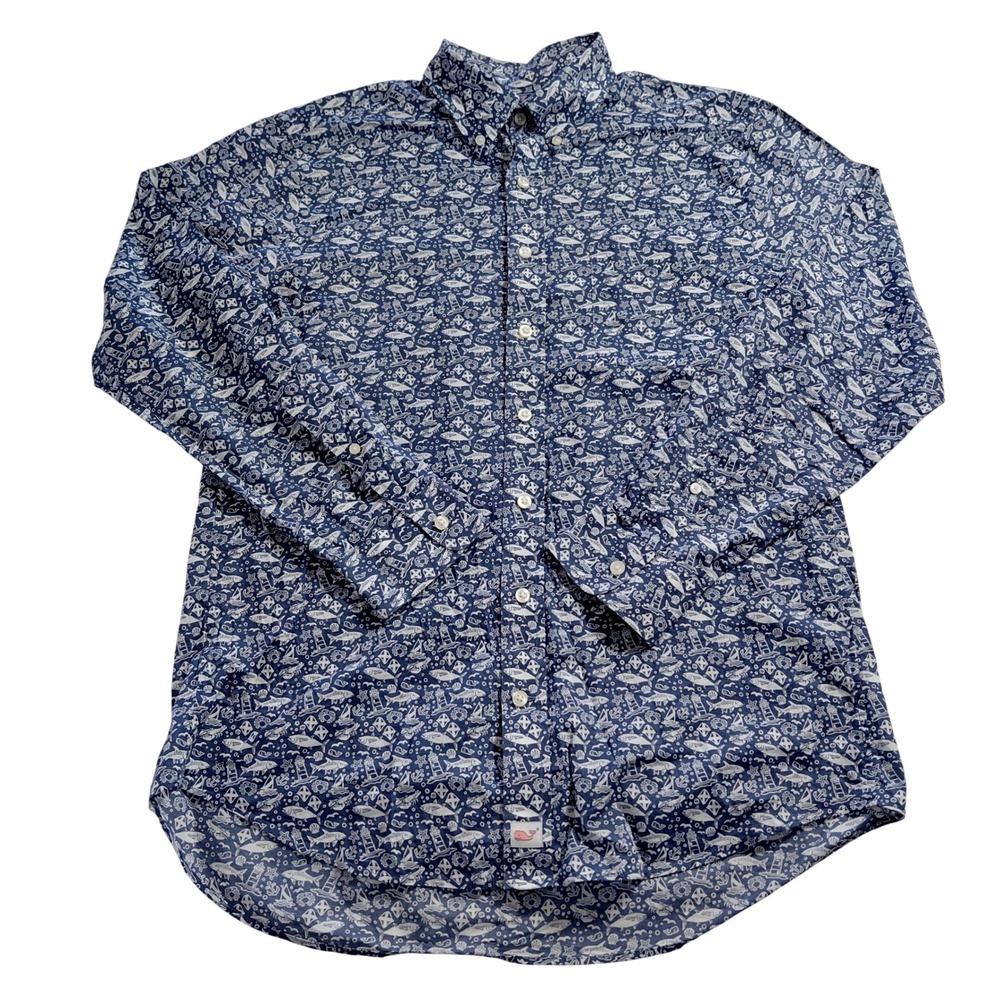 Vineyard Vines Mens Slim Fit Murray Shirt M Navy Blue Nautical Fish Print